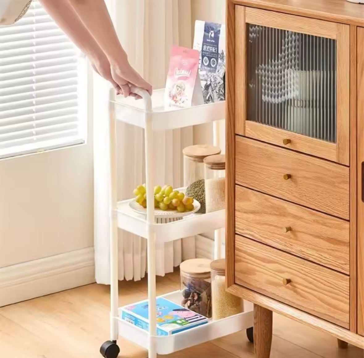 Rolling Storage Cart with Handlebar & Multi-Tier Shelving – Floor-Standing Organizer for Kitchen, Bathroom, Snacks & Toiletries