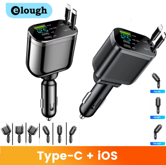 5-in-1 Car Charger Adapter Fast Charging USB-C & Lightning Retractable Cable for iPhone, Samsung & more